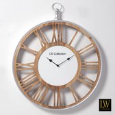 LW Collection Wandklok hout 60cm - Houten klok romeinse cijfers - Grote landelijke klok - Moderne wandklok hout met hanger - Wandklok stil uurwerk