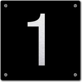 Huisnummerbord - huisnummer 1 - zwart - 12 x 12 cm - rvs look - schroeven - naambordje - nummerbord  - voordeur