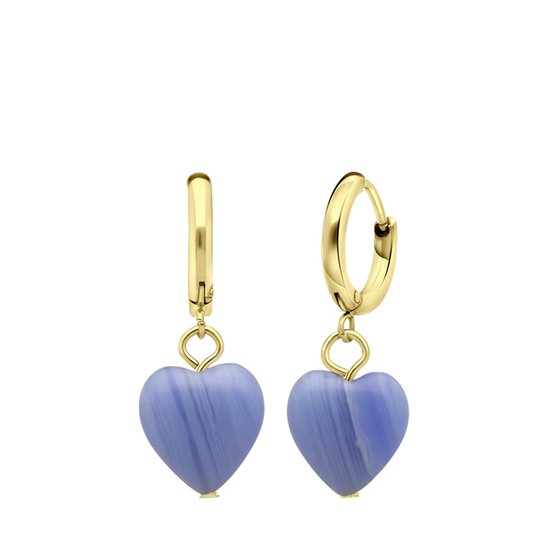 Lucardi Dames Goldplated oorbellen met hart blauwe agaat - Oorbellen - Cadeau - Moederdag - Staal - Goudkleurig