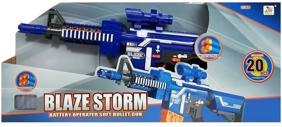 Blaze Storm speelgoedgeweer met magazijn en vizier, met "Blaze Storm" opdruk.