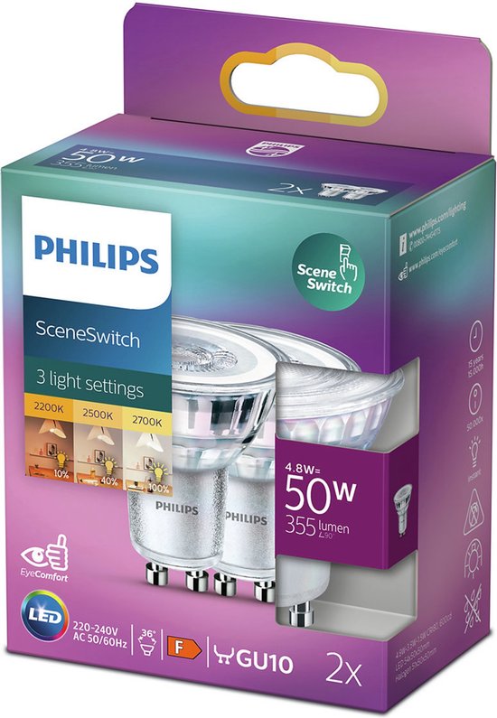 Philips LED lamp GU10 - 50W 355Lm -reflector sceneswitch 3standen - doos met 2 stuks