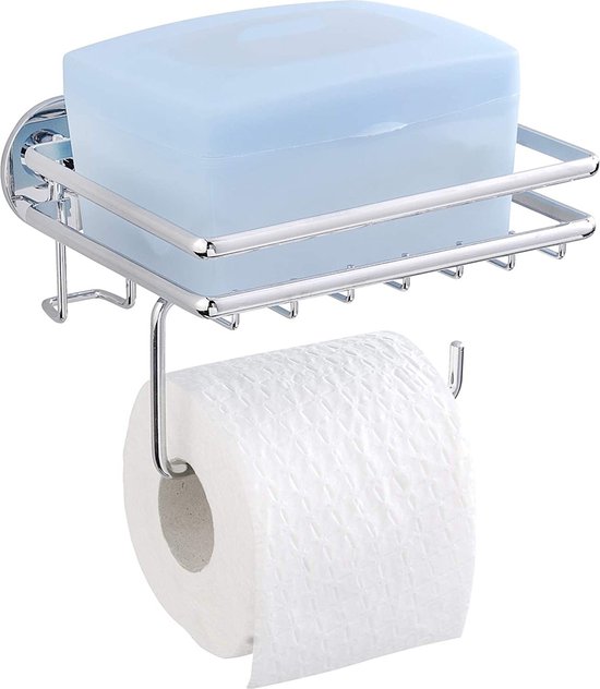 WENKO Express-Loc® Cali Toiletpapierhouder met legplank, bevestiging zonder boren, roestvrij staal, 17 x 12 x 16 cm, glanzend