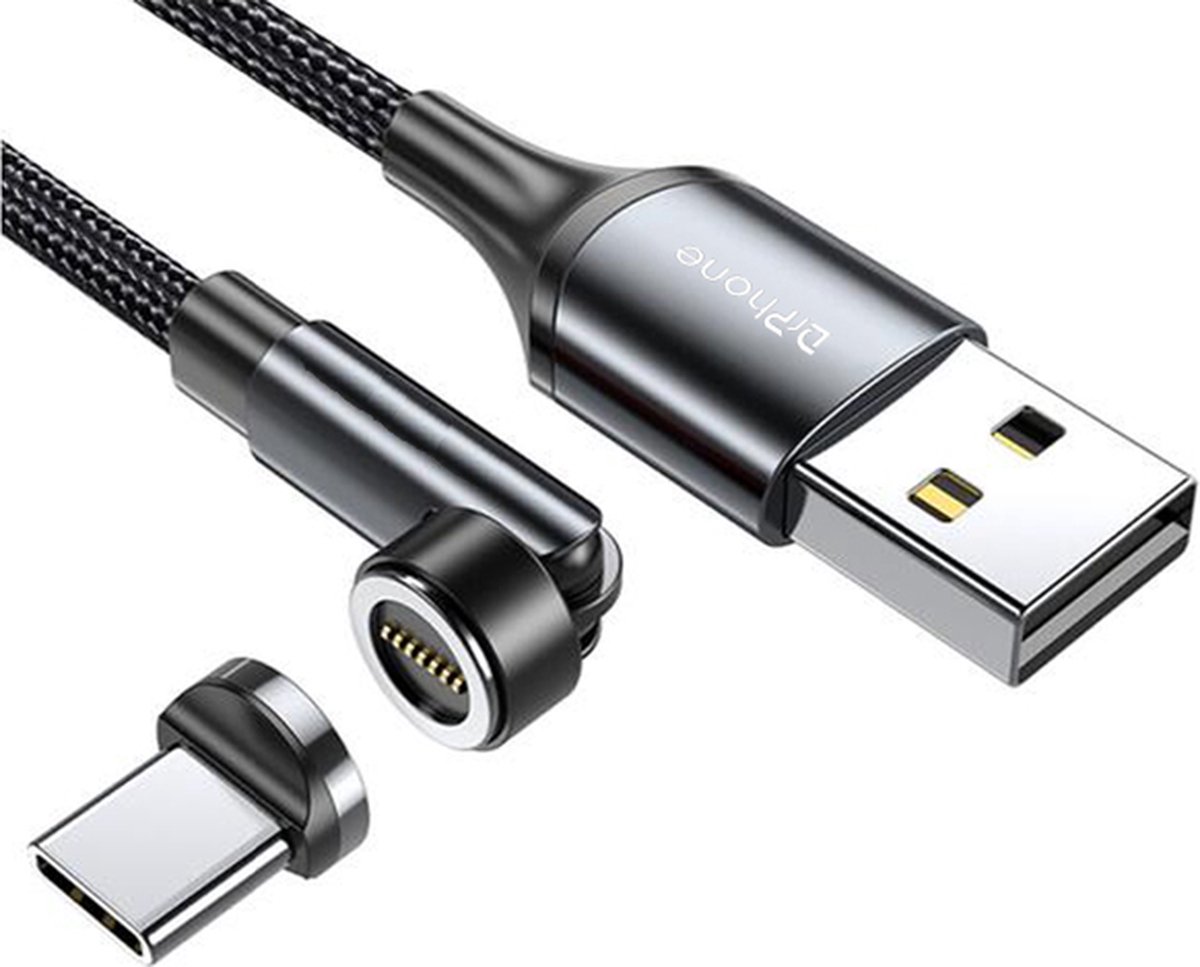 Image of DrPhone iONIC - 540º Roterende Magnetische Kabel - 3A - Voor USB-C - 480Mbp/s Data Transmissie - 1 Meter - Zwart