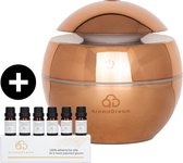 Aroma Dream Diffuser Luchtbevochtiger Goud tot 4 uur Spray incl. Essentiële Olie Set 6 stuks en E-book Aromatherapie - Humidifier geschikt voor Etherische Olie - Vernevelaar - Verstuiver - Ge