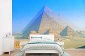 Behang - Fotobehang Kamelen voor de piramides van Giza - Breedte 420 cm x hoogte 280 cm