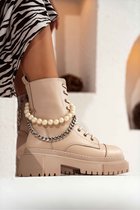 Jessica - beige damesboots / laars mat + ketting en parel detail - Maat 38