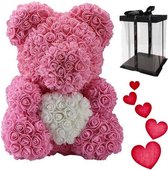 Rozen beer wit met Strik 28cm in Luxe Gift Box + Liefdes Sticker | Ik hou van jou / I Love you Knuffelbeer Geschenkdoos| Roos Beertje met liefde hart | Roses Bear Valentines |Valentijnsdag Ca