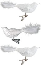 3x stuks luxe glazen decoratie vogels op clip wit 11 cm - Decoratievogeltjes - Kerstboomversiering