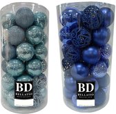 74x stuks kunststof kerstballen mix turquoise blauw en ijsblauw 6 cm - Onbreekbare kerstballen - Kerstversiering