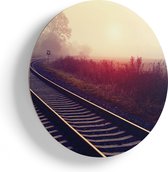 Artaza Houten Muurcirkel - Spoorweg Rails Tijdens De Herfst Met Mist - Ø 65 cm - Multiplex Wandcirkel - Rond Schilderij