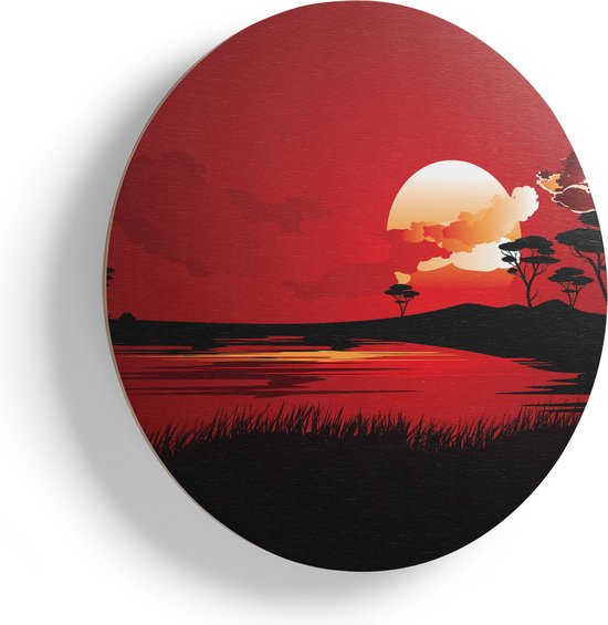 Artaza Houten Muurcirkel - Rode Zonsondergang In De Savanne - Abstract - Ø 65 cm - Multiplex Wandcirkel - Rond Schilderij