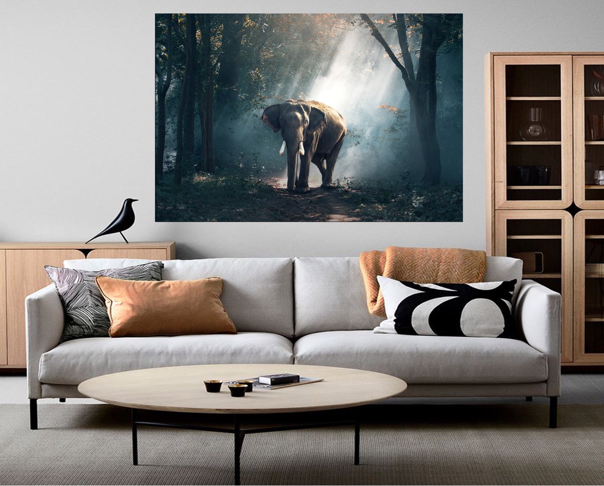 Shirili Odalar Canvas Schilderij | Olifant in het bos | Natuur | Dieren | 100x70 cm | 3 cm Groen