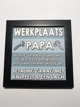 Tekstbord / Wandbord / Werkplaats papa / Verjaardag / Cadeau / Woondecoratie / Blauw / Fotolijst / Vaderdag