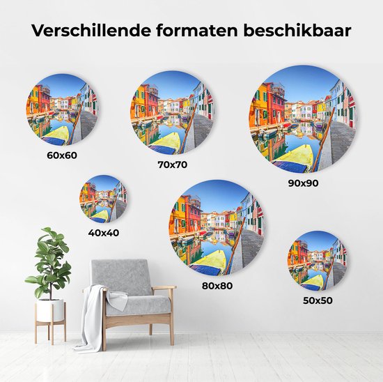 Artaza Dibond Muurcirkel Kleurrijke Huisjes aan het Water in Venetië - Ø 60 cm - Wandcirkel - Rond Schilderij - Voor Binnen en Buiten
