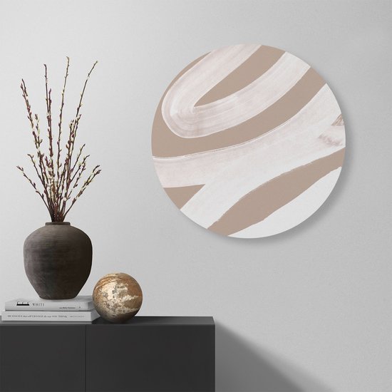 Artaza Dibond Wall Circle - Art abstrait - Rayures Witte sur beige - Ø 60 cm - Wall Circle - Peinture ronde - Intérieur et extérieur