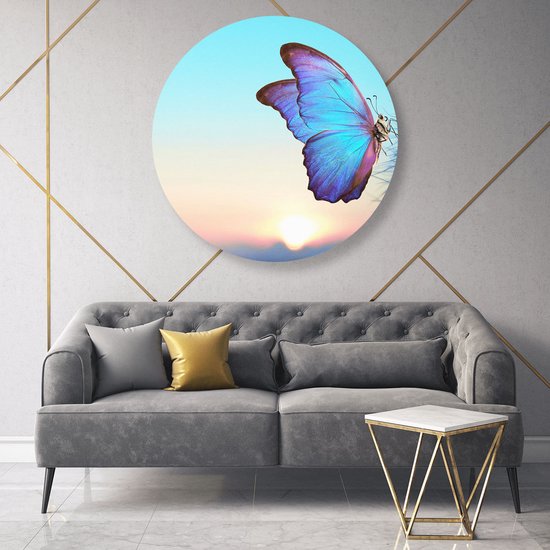 Artaza Dibond Cercle Mural Papillon Bleu Aux Pissenlits - Ø 90 cm - Groot - Cercle Mural - Tableau Rond - Pour Intérieur et Extérieur