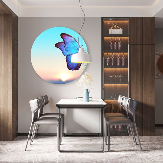Artaza Dibond Cercle Mural Papillon Bleu Aux Pissenlits - Ø 90 cm - Groot - Cercle Mural - Tableau Rond - Pour Intérieur et Extérieur