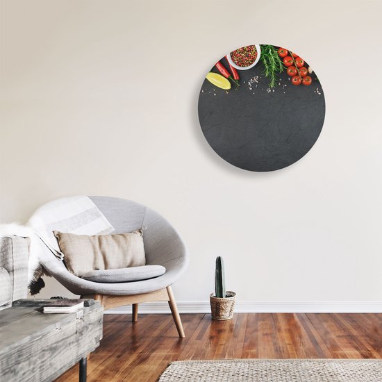 Artaza Cercle mural Dibond Herbes avec légumes sur assiette noire - Ø 70 cm - Cercle mural - Peinture ronde - Pour intérieur et extérieur