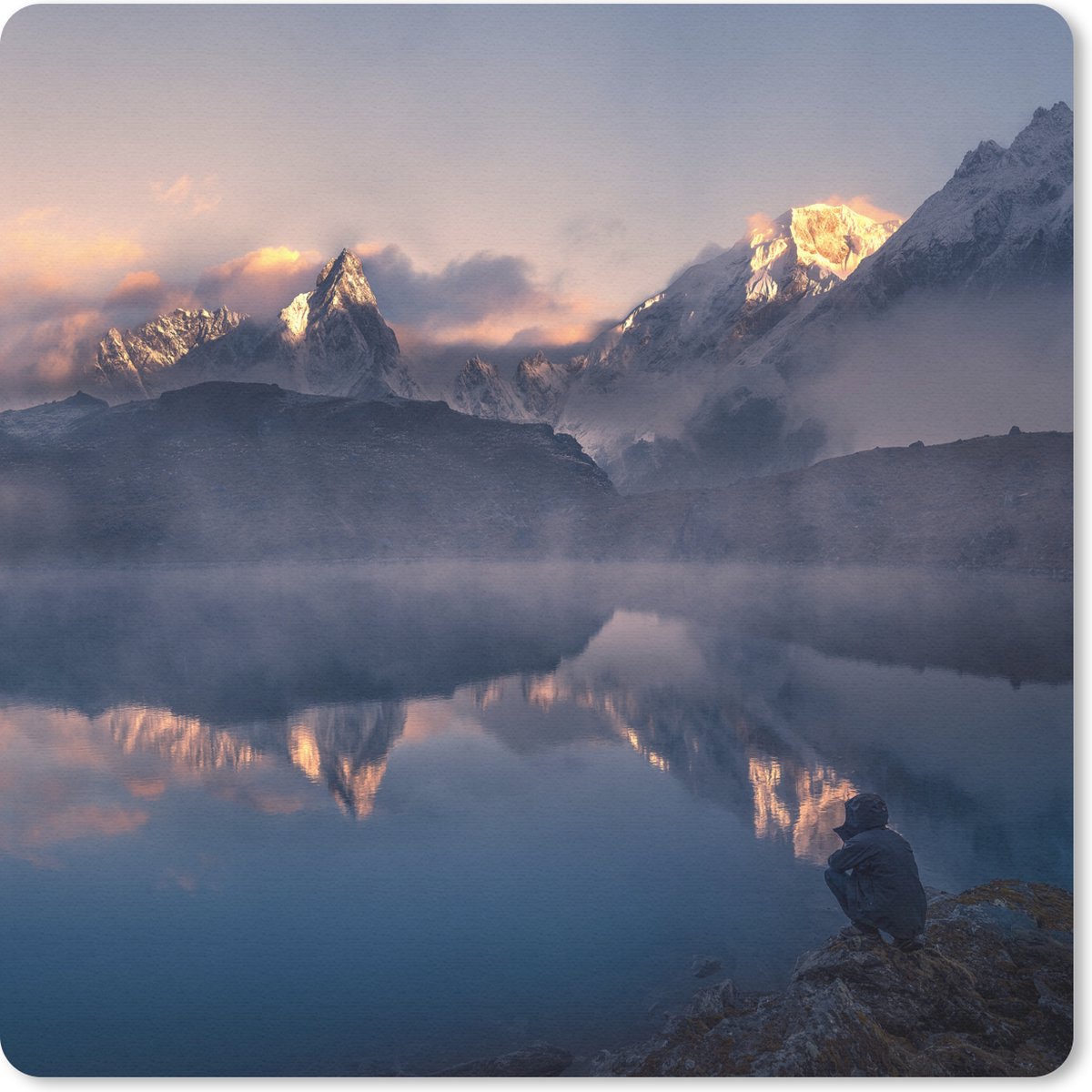Muismat 30x30 cm - Mousepad Landschap - Water - Berg - Sneeuw - Zonsondergang - Muismatten