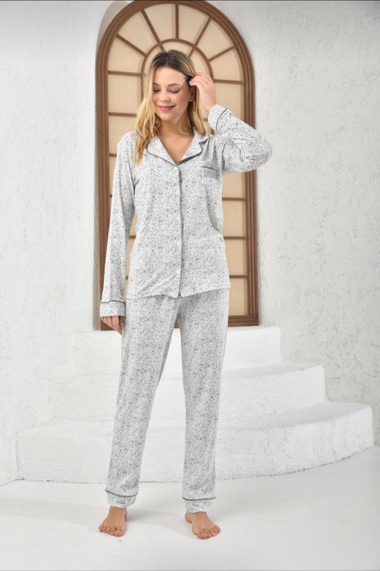 Katoen Dames Pyjama Set - Homewear -Satijn Grijs Maat XXL