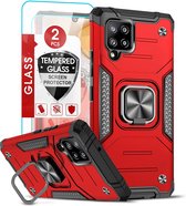 Samsung A42 Hoesje Heavy Duty Armor Hoesje Rood - Samsung Galaxy A42 5G hoesje Kickstand Ring cover met Magnetisch Auto Mount- Samsung A42 5G screenprotector 2 pack