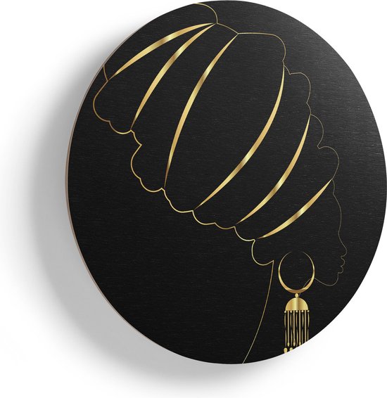 Artaza Houten Muurcirkel - Afrikaanse Vrouw Met Gouden Zwarte Tulband - Ø 90 cm - Groot - Multiplex Wandcirkel - Rond Schilderij