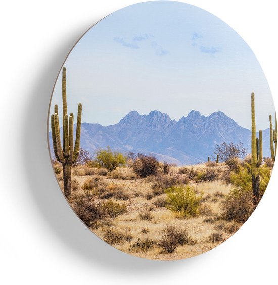 Artaza Houten Muurcirkel - Cactussen in de Woestijn - Ø 75 cm - Multiplex Wandcirkel - Rond Schilderij