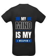 Huurdies Sportshirt | My mind is my weapon | maat XL | Bedrukkingskleur Blauw | shirt zwart