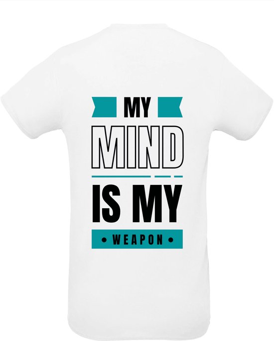 Huurdies Sportshirt | My mind is my weapon | maat  XXL | Bedrukkingskleur lichtblauw | shirt wit