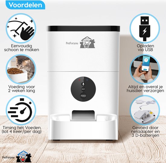 Petory Getimede automatische kattenvoerbak - 4L programmeerbare droogvoerdispenser voor katten en kleine middelgrote honden, 6 maaltijden met droogmiddelzak, dubbele voeding, 10S spraakrecorder