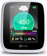 Co2-Meter | Draagbaar | Kwaliteitsmeter | Temperatuurmeter | Sensoroplader | Kooldioxide | Vochtigheidsmeter | Multifunctioneel | Zwart | Infraroodsensor | Kleurenschema | Alarm | 3,5 x 7 x 8