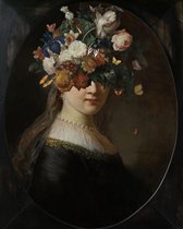 Ter Halle - Glasschilderij - Portret Van Klassieke Vrouw Met Bloemen - 80x120 cm