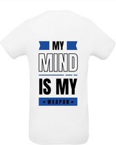 Huurdies Sportshirt | My mind is my weapon| maat  XXL | Bedrukkingskleur blauw | shirt wit