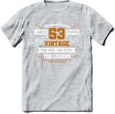 53 Jaar Legend T-Shirt | Goud - Wit | Grappig Verjaardag en Feest Cadeau Shirt | Dames - Heren - Unisex | Tshirt Kleding Kado | - Licht Grijs - Gemaleerd - M