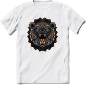 Beer - Dieren Mandala T-Shirt | Oranje | Grappig Verjaardag Zentangle Dierenkop Cadeau Shirt | Dames - Heren - Unisex | Wildlife Tshirt Kleding Kado | - Wit - M