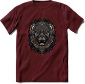 Leeuw - Dieren Mandala T-Shirt | Oranje | Grappig Verjaardag Zentangle Dierenkop Cadeau Shirt | Dames - Heren - Unisex | Wildlife Tshirt Kleding Kado | - Burgundy - L