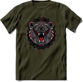 Beer - Dieren Mandala T-Shirt | Rood | Grappig Verjaardag Zentangle Dierenkop Cadeau Shirt | Dames - Heren - Unisex | Wildlife Tshirt Kleding Kado | - Leger Groen - S