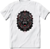 Leeuw - Dieren Mandala T-Shirt | Rood | Grappig Verjaardag Zentangle Dierenkop Cadeau Shirt | Dames - Heren - Unisex | Wildlife Tshirt Kleding Kado | - Wit - S