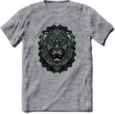 Leeuw - Dieren Mandala T-Shirt | Aqua | Grappig Verjaardag Zentangle Dierenkop Cadeau Shirt | Dames - Heren - Unisex | Wildlife Tshirt Kleding Kado | - Donker Grijs - Gemaleerd - L