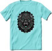 Leeuw - Dieren Mandala T-Shirt | Aqua | Grappig Verjaardag Zentangle Dierenkop Cadeau Shirt | Dames - Heren - Unisex | Wildlife Tshirt Kleding Kado | - Licht Blauw - S