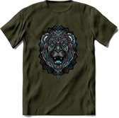 Leeuw - Dieren Mandala T-Shirt | Lichtblauw | Grappig Verjaardag Zentangle Dierenkop Cadeau Shirt | Dames - Heren - Unisex | Wildlife Tshirt Kleding Kado | - Leger Groen - XXL