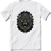 Leeuw - Dieren Mandala T-Shirt | Groen | Grappig Verjaardag Zentangle Dierenkop Cadeau Shirt | Dames - Heren - Unisex | Wildlife Tshirt Kleding Kado | - Wit - M