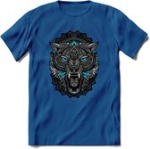 Wolf - Dieren Mandala T-Shirt | Lichtblauw | Grappig Verjaardag Zentangle Dierenkop Cadeau Shirt | Dames - Heren - Unisex | Wildlife Tshirt Kleding Kado | - Donker Blauw - 3XL