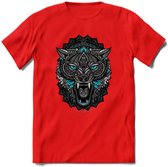 Wolf - Dieren Mandala T-Shirt | Lichtblauw | Grappig Verjaardag Zentangle Dierenkop Cadeau Shirt | Dames - Heren - Unisex | Wildlife Tshirt Kleding Kado | - Rood - L