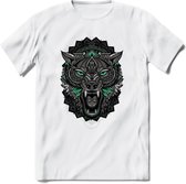 Wolf - Dieren Mandala T-Shirt | Aqua | Grappig Verjaardag Zentangle Dierenkop Cadeau Shirt | Dames - Heren - Unisex | Wildlife Tshirt Kleding Kado | - Wit - S