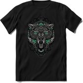 Wolf - Dieren Mandala T-Shirt | Aqua | Grappig Verjaardag Zentangle Dierenkop Cadeau Shirt | Dames - Heren - Unisex | Wildlife Tshirt Kleding Kado | - Zwart - S