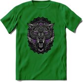 Wolf - Dieren Mandala T-Shirt | Paars | Grappig Verjaardag Zentangle Dierenkop Cadeau Shirt | Dames - Heren - Unisex | Wildlife Tshirt Kleding Kado | - Donker Groen - M