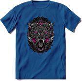 Wolf - Dieren Mandala T-Shirt | Roze | Grappig Verjaardag Zentangle Dierenkop Cadeau Shirt | Dames - Heren - Unisex | Wildlife Tshirt Kleding Kado | - Donker Blauw - 3XL