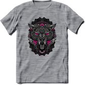 Wolf - Dieren Mandala T-Shirt | Roze | Grappig Verjaardag Zentangle Dierenkop Cadeau Shirt | Dames - Heren - Unisex | Wildlife Tshirt Kleding Kado | - Donker Grijs - Gemaleerd - XL