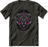 Wolf - Dieren Mandala T-Shirt | Roze | Grappig Verjaardag Zentangle Dierenkop Cadeau Shirt | Dames - Heren - Unisex | Wildlife Tshirt Kleding Kado | - Donker Grijs - 3XL